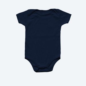 A flat lay of a navy blue custom Infant Onesie by Fly Clothing Co, featuring short sleeves and a three-snap bottom closure, perfect for stylish babies in LA and NYC.