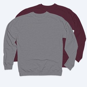 Two custom Midweight Crewneck Sweatshirts in heather grey and maroon, displayed as a mockup for Fly Clothing Co’s custom apparel design service in LA and NYC.