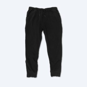 A pair of black midweight fleece joggers featuring an elastic waistband with an adjustable drawstring, side pockets, and ribbed ankle cuffs.