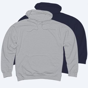 Two custom Midweight Pullover Hoodies in heather grey and deep navy blue, featuring a front kangaroo pocket and adjustable drawstrings, part of Fly Clothing Co’s custom design service in LA and NYC.