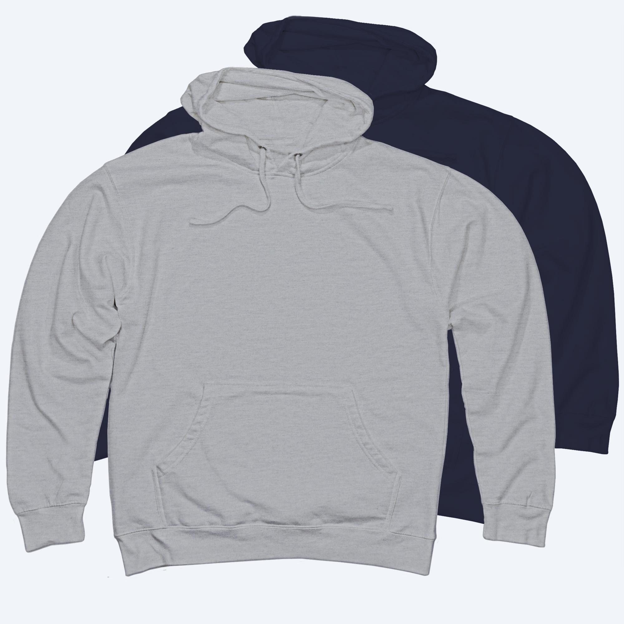 Two custom Midweight Pullover Hoodies in heather grey and deep navy blue, featuring a front kangaroo pocket and adjustable drawstrings, part of Fly Clothing Co’s custom design service in LA and NYC.