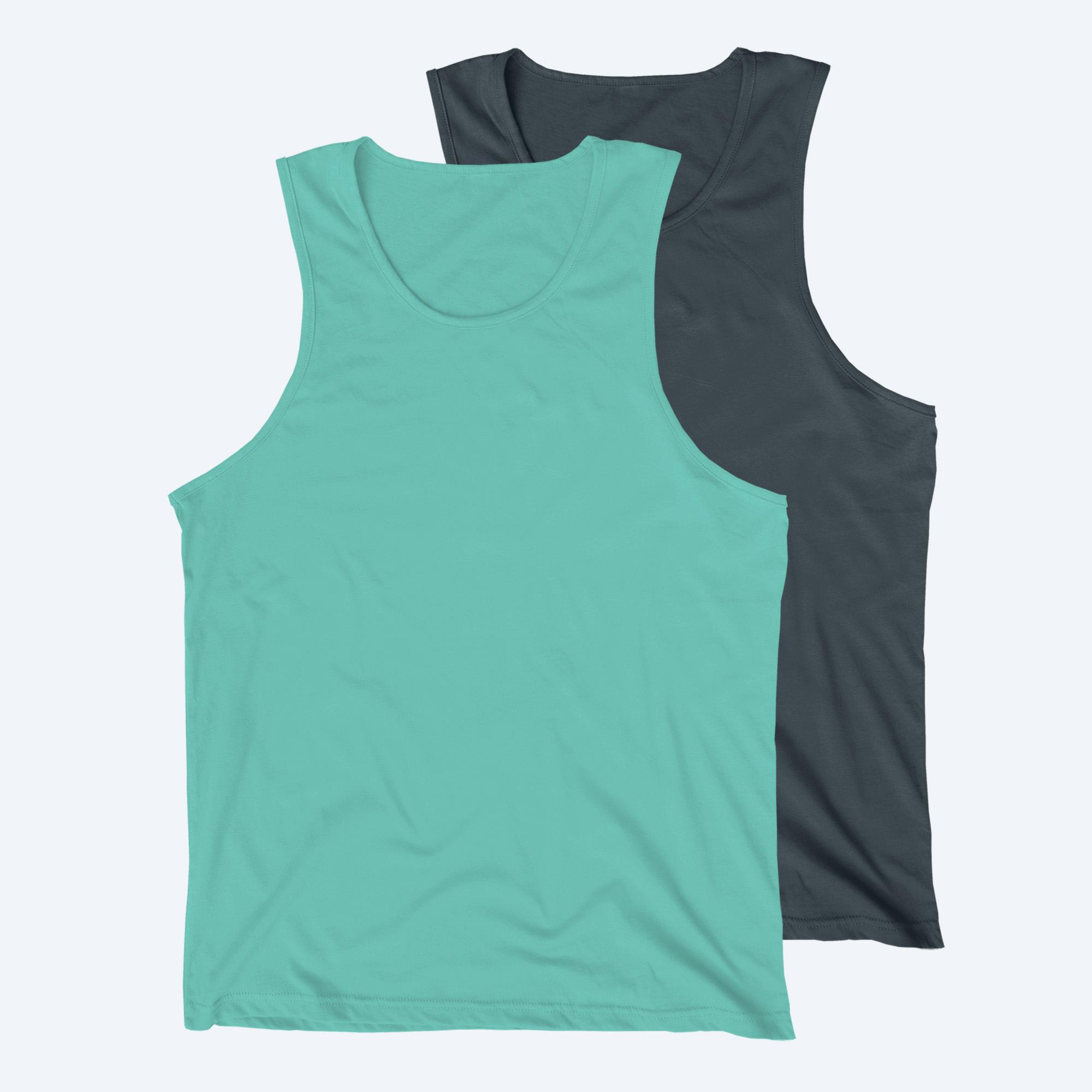 Two blank premium cotton tank tops, one in vibrant teal and one in dark charcoal grey, displayed on a white background for custom apparel design services.
