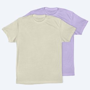 Two blank premium cotton t-shirts in a soft cream and a light lavender purple, featuring a modern retail fit and displayed on a clean white background for custom apparel design services.