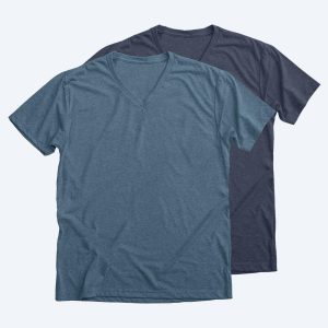 Two blank premium v-neck t-shirts in heathered blue and dark charcoal grey, displayed on a clean white background for custom apparel design services.