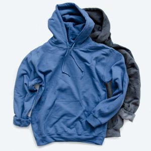 Two blank pullover hoodies, one in slate blue and one in charcoal heather grey, with front pouch pockets and adjustable drawstrings, ready for custom apparel design services.