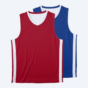Two blank reversible basketball jerseys displayed side-by-side, one in deep red and the other in royal blue, both featuring white side panel accents, a V-neck collar, and breathable athletic mesh fabric for custom team branding.