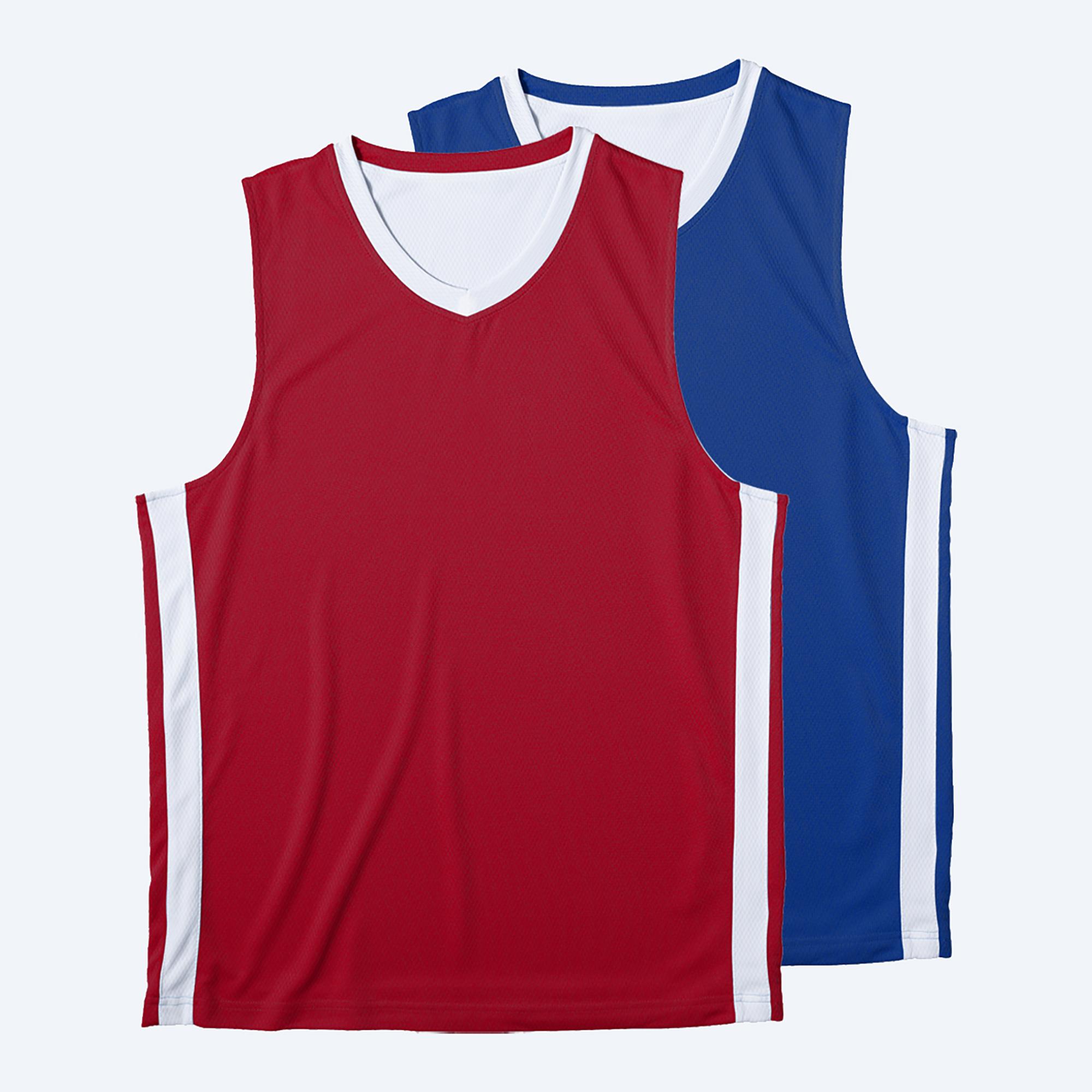 Two blank reversible basketball jerseys displayed side-by-side, one in deep red and the other in royal blue, both featuring white side panel accents, a V-neck collar, and breathable athletic mesh fabric for custom team branding.