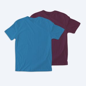 Two blank softstyle cotton t-shirts, one in a vibrant cyan blue and one in a deep burgundy maroon, displayed on a clean white background for custom apparel design services.