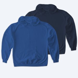 Two blank Softstyle pullover hoodies, one in vibrant royal blue and one in deep navy blue, featuring front pouch pockets and matching drawstrings for custom design services.