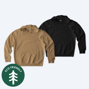 Two eco-friendly custom Stanley/Stella Unisex Cruiser 2.0 Pullover Hoodies in camel tan and classic black, featuring an "Eco-Friendly" seal, part of Fly Clothing Co’s premium design service in LA and NYC.