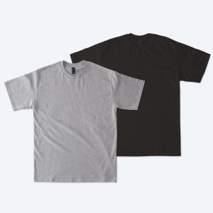 Two blank heavyweight tall classic unisex t-shirts, one in charcoal black and one in heather grey, displayed on a clean white background for custom apparel design services.