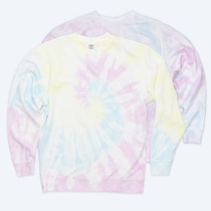 Two custom Tie Dye Crewneck Sweatshirts featuring a soft pastel spiral pattern in yellow, pink, and blue, part of Fly Clothing Co’s custom design service in LA and NYC.