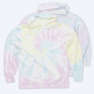 Two custom Tie Dye Pullover Hoodies featuring a soft pastel spiral pattern in yellow, pink, and blue, showcased for Fly Clothing Co’s custom design service in LA and NYC.