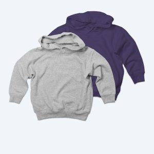 Two custom Toddler Pullover Hoodies by Fly Clothing Co, one in heather grey and one in deep purple, featuring front kangaroo pockets and ribbed cuffs, perfect for streetwear fans in LA and NYC.