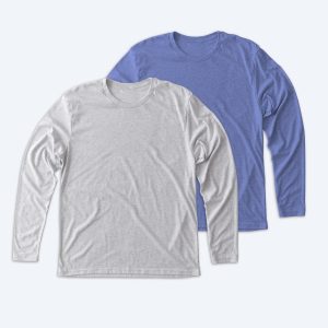 Two blank triblend long sleeve t-shirts, one in deep burgundy and one in charcoal heather grey, featuring a soft-touch vintage texture and retail-ready fit for custom apparel design services