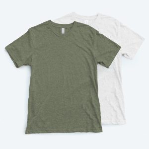 Two blank triblend unisex t-shirts, one in olive green heather and one in light grey heather, displayed on a clean white background for custom apparel design services.