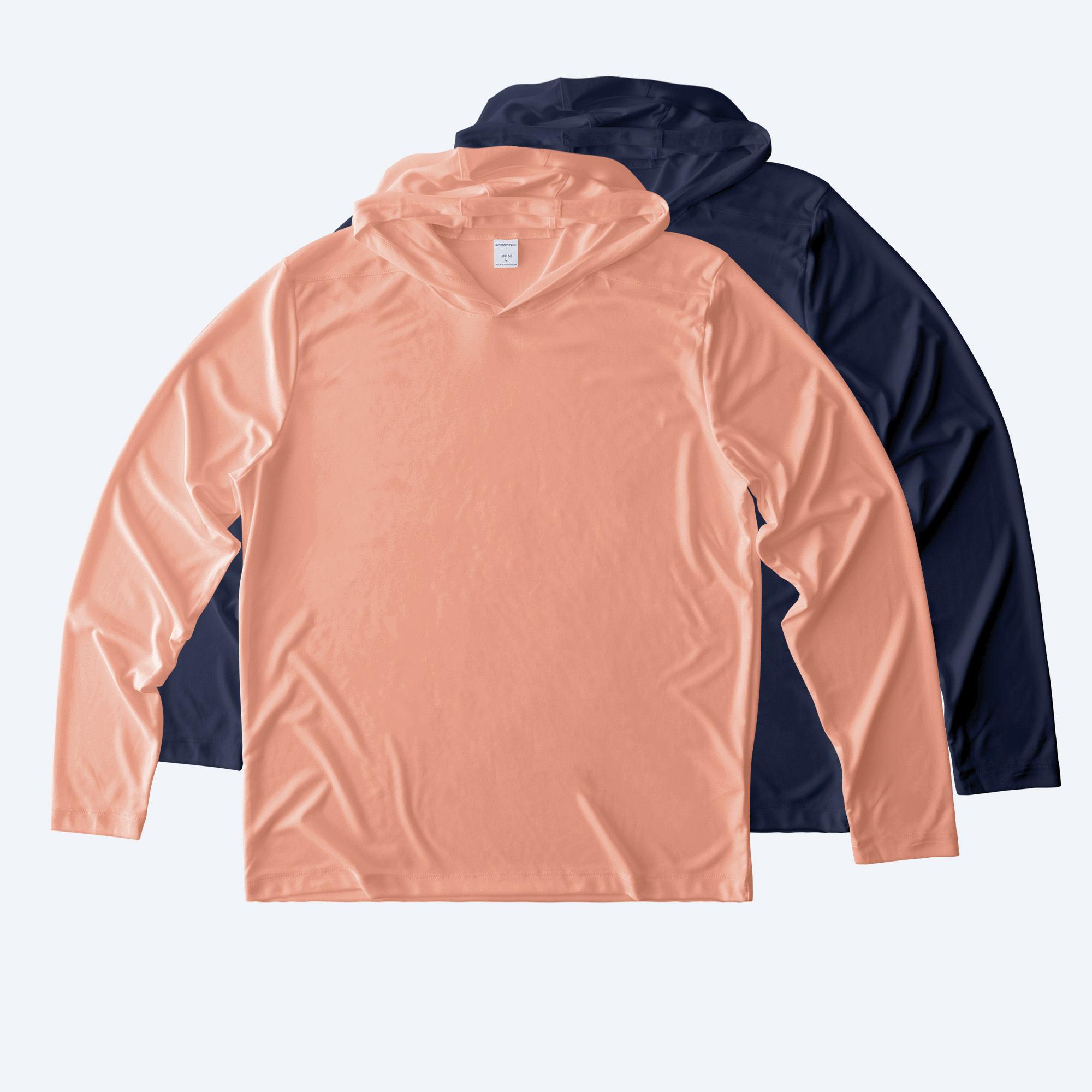 Two custom UV Performance Long Sleeve Hoodies in peach and navy blue, showcasing Fly Clothing Co’s custom design service for sun-protective athletic wear in LA and NYC.