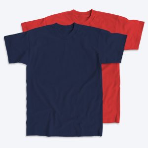 Two blank Union Made unisex t-shirts, one in deep navy blue and one in vibrant red, displayed on a white background for custom apparel design services.