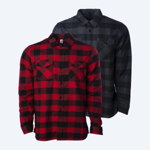 Two blank unisex buffalo plaid flannel shirts, one in classic red and black and one in charcoal and black, featuring double chest pockets for custom embroidery and design services.