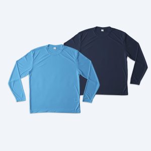 Two custom Unisex Performance Long Sleeve Tees in Carolina Blue and Navy Blue, displayed for Fly Clothing Co’s custom design service for athletic teams in LA and NYC