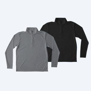 Two custom Unisex Performance Quarter Zip Pullovers in charcoal grey and jet black, displayed as a design service mockup for custom apparel in LA and NYC.