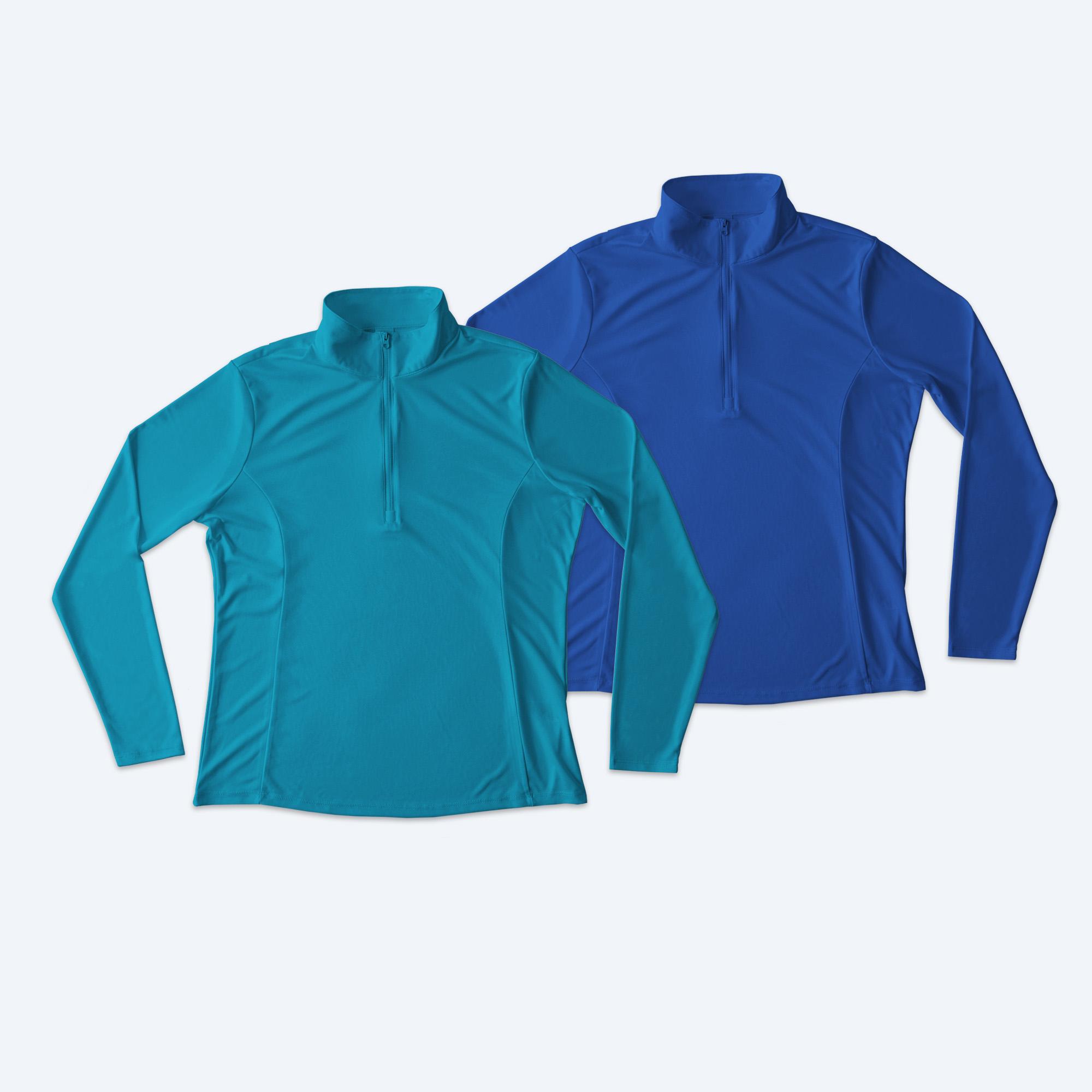 Two custom Women's Performance Quarter Zip Pullovers in teal and royal blue, showcasing Fly Clothing Co’s custom design service for athletic apparel in LA and NYC.