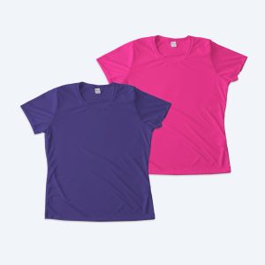 Two custom Women's Performance Tees in vibrant purple and hot pink, featured as part of the Fly Clothing Co design service for athletic and lifestyle wear in LA and NYC.