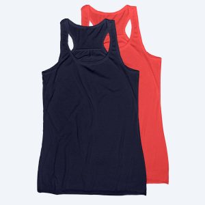 Two blank women's racerback tank tops, one in deep navy and one in vibrant coral red, layered to show the athletic cut for custom design services.