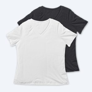 Two blank women's relaxed V-neck t-shirts, one in crisp optic white and one in charcoal grey heather, displayed on a clean white background for custom apparel design services.