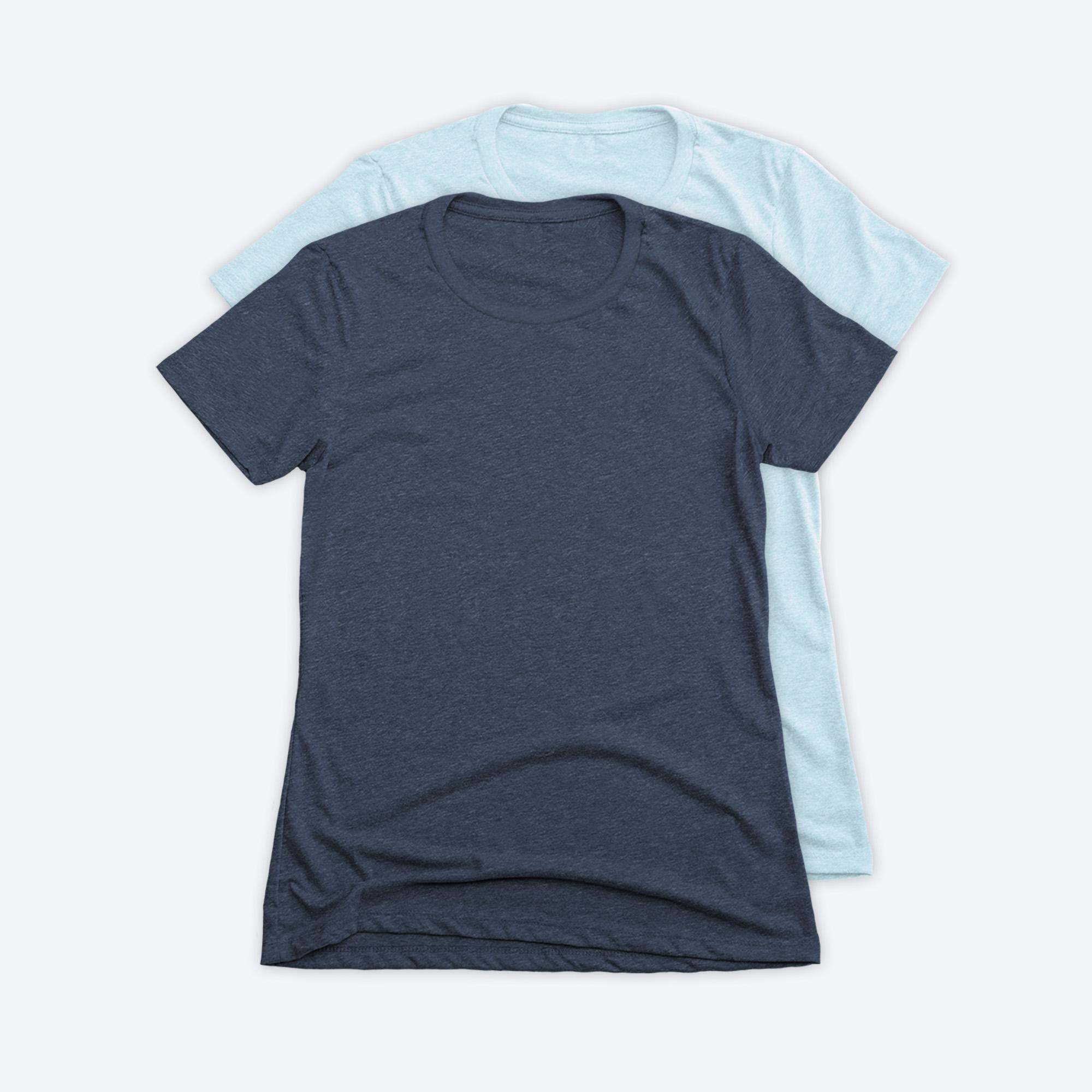 Two blank women's slim-fit t-shirts, one in a deep heathered navy and one in a light heathered ice blue, displayed on a clean white background for custom apparel design services.