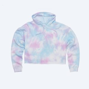 A custom Women's Tie Dye Cropped Hoodie featuring a vibrant pastel swirl of pink, purple, and blue, displayed for Fly Clothing Co’s custom design service in LA and NYC.