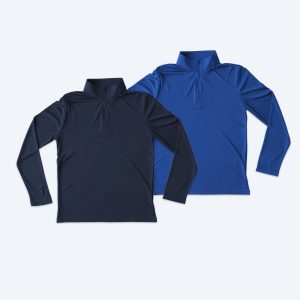 Two Youth Performance Quarter Zip Pullovers in Navy Blue and Royal Blue, shown as a custom design service mockup for youth sports and school apparel in LA and NYC.