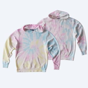 Two custom Youth Tie Dye Pullover Hoodies by Fly Clothing Co featuring a pastel swirl pattern of pink, blue, and yellow with front kangaroo pockets, designed for trendy youth in LA and NYC.
