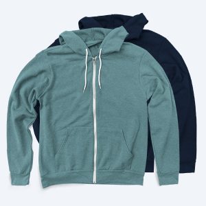 Two custom Zip Up Hoodies in heathered teal and deep navy blue, featuring white contrast drawstrings and a full-length zipper, displayed for Fly Clothing Co’s custom design service in LA and NYC.