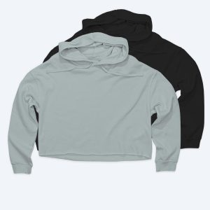 Two blank women’s lightweight cropped hoodies in a pale sage green and classic black, featuring a relaxed fit with a raw-edge hem and displayed on a clean white background for custom apparel design services.