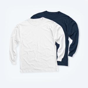 Two blank youth long-sleeve t-shirts layered together, one in crisp white and the other in deep navy blue, showcasing a high-quality cotton texture for custom apparel design.