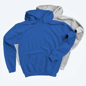 Two blank youth pullover hoodies with front kangaroo pockets layered together, featuring one in vibrant royal blue and the other in classic heather grey, showcasing a soft, high-quality fleece texture for custom streetwear designs.