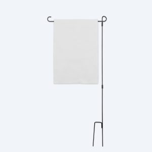 A blank white rectangular 12x18 yard flag hanging from a minimalist black metal garden stake with a curved top hook and a two-pronged ground base, displayed on a clean white background for custom branding design services.