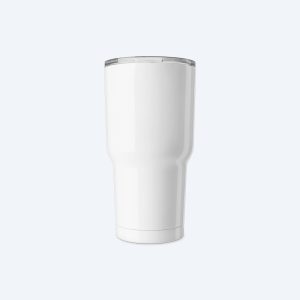 A single blank matte white custom 30 oz insulated tumbler with a clear spill-proof lid, displayed on a clean light grey background for professional printing design services.