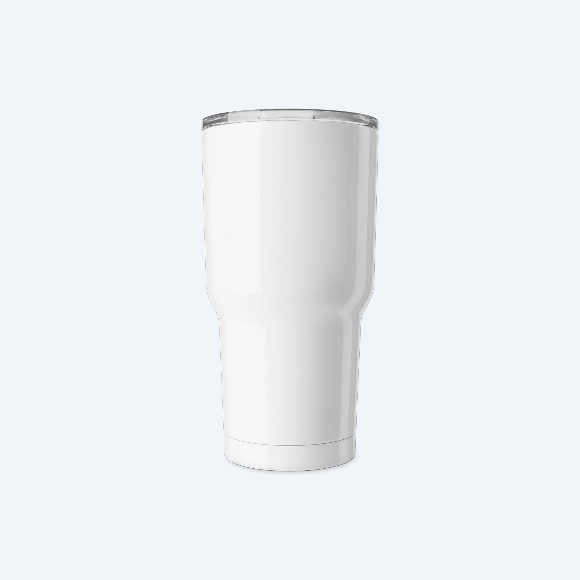A single blank matte white custom 30 oz insulated tumbler with a clear spill-proof lid, displayed on a clean light grey background for professional printing design services.