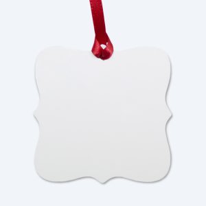 A single blank matte white custom aluminum square ornament with a decorative curved edge, hanging from a matching crimson red satin ribbon, displayed on a clean light grey background for professional full-color design services.