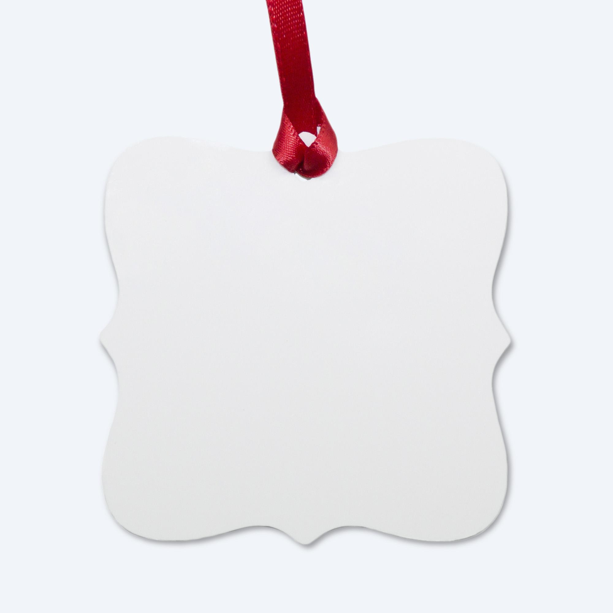 A single blank matte white custom aluminum square ornament with a decorative curved edge, hanging from a matching crimson red satin ribbon, displayed on a clean light grey background for professional full-color design services.