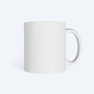 A single blank classic matte white ceramic custom coffee mug with a standard C-shaped handle, displayed on a clean light grey background for professional printing design services.