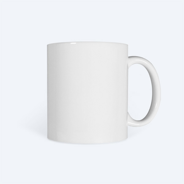 A single blank classic matte white ceramic custom coffee mug with a standard C-shaped handle, displayed on a clean light grey background for professional printing design services.