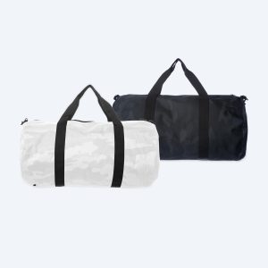 Two blank duffel bags, one in light camouflage and one in dark black camouflage, with black handles and metal hardware, displayed on a clean white background for custom design services.
