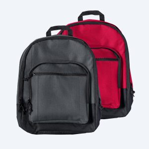 Two blank everyday backpacks, one in slate grey with a black base and one in vibrant red with a black base, displayed with their front zippers slightly open on a clean white background for custom design services.