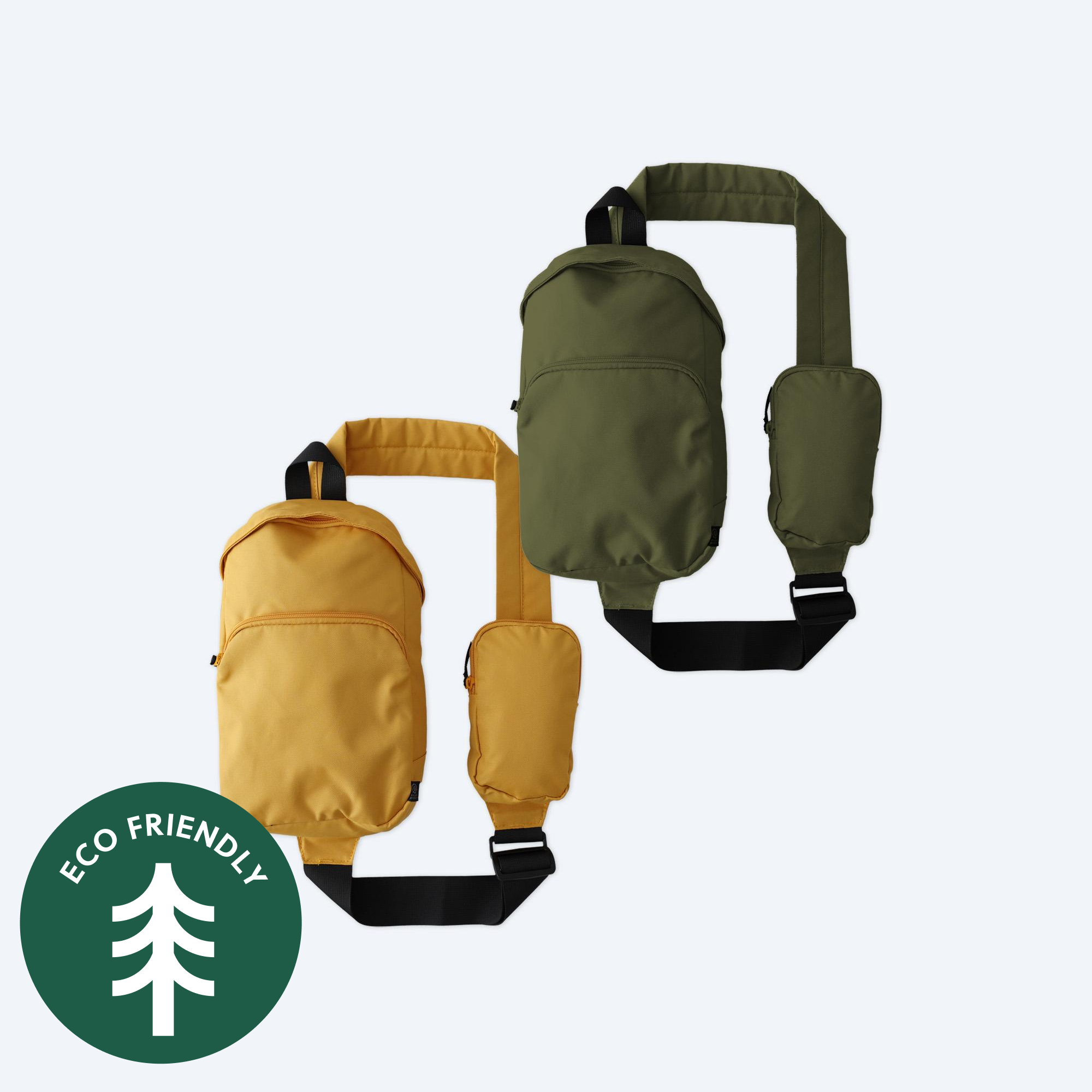 Two blank Grove sling bags, one in mustard yellow and one in olive green, featuring matching cross-body straps and a green "Eco Friendly" tree icon for custom branding design services.