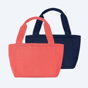 Two blank insulated lunch tote bags with external storage pockets and matching top handles, one in vibrant coral and one in deep navy blue, displayed on a clean white background for custom branding design services.