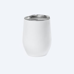 A single blank matte white custom 12 oz insulated wine tumbler with a clear spill-proof lid, displayed on a clean light grey background for professional printing design services.
