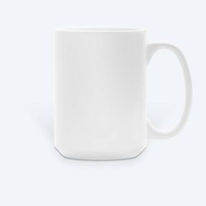 A single blank classic matte white custom large 15 oz coffee mug with a standard C-shaped handle, displayed on a clean light grey background for professional printing design services.